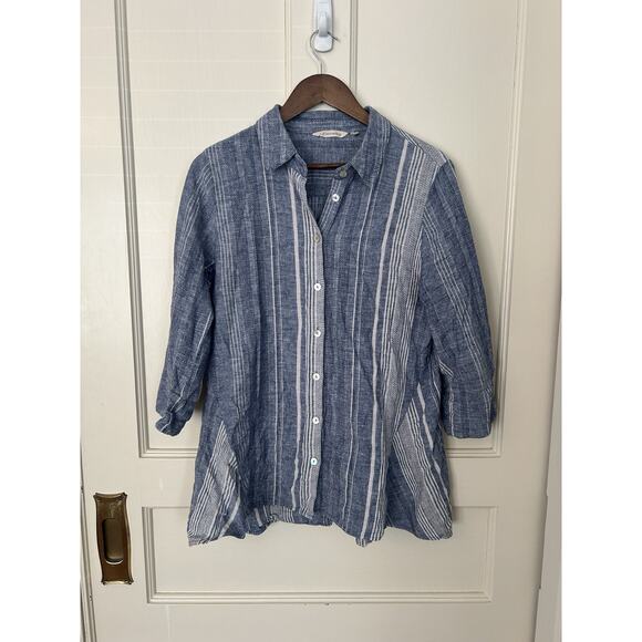 Soft Surroundings Linen Blend Striped Collared Blouse Womens Size XL Blue White - Picture 2 of 8